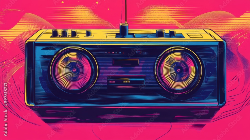 Fototapeta premium Colorful vintage boombox on a vibrant pink background.