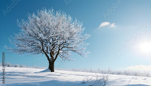 serene winter landscape featuring a solitary leafless tree adorned with fresh snow under a bright sunny sky