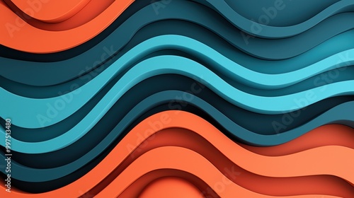 Colorful wavy abstract background with layered patterns in blue and orange tones.