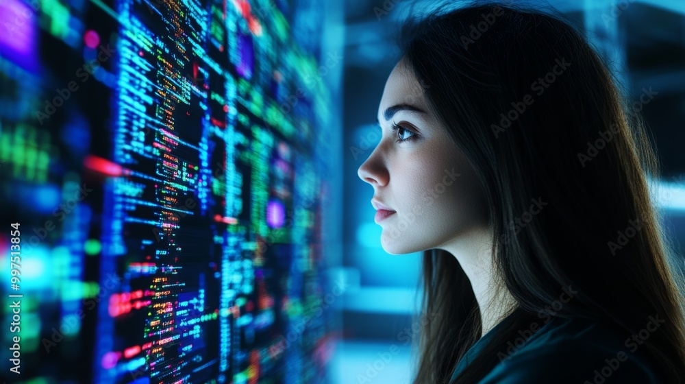 Confident Woman Analyzing Data Flow on Screen Confident Woman Analyzing Data Flow on Screen