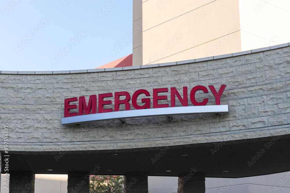Obraz premium Red EMERGENCY sign marks the entrance to a hospital emergency department, mounted on a curved stone façade beneath a canopy structure, signaling critical care access for arriving patients