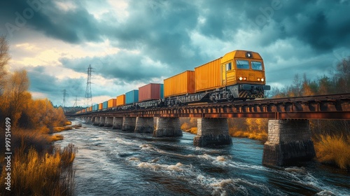 Freight train carrying containers over a bridge, scenic river view, dramatic sky. photo