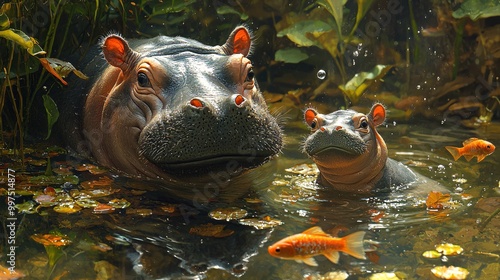 A young dwarf hippo swimming next to its mother, with fish and aquatic plants surrounding them photo