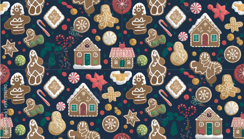 Harmonious pattern of gingerbread houses and cookies