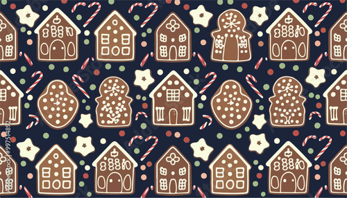 Harmonious pattern of gingerbread houses and cookies