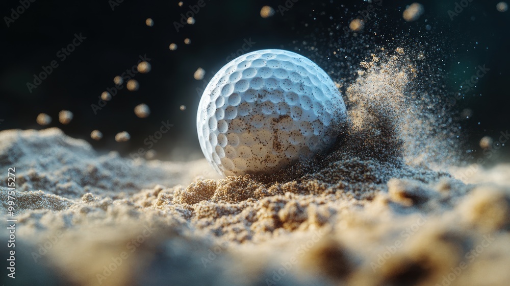 Golf ball rolling on sand, creating a cloud of dust with a beautiful background Golf ball rolling on sand, creating a cloud of dust with a beautiful background