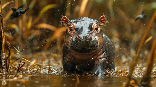 A dwarf hippo calf taking its first steps in the jungle, with tall grass and birds flying around photo