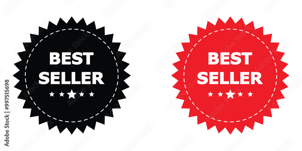Black and red best seller badge vector icon set. Bestseller stamp symbol. Starburst promo sticker with star edge. Special offer promotion template element. Black and red best seller badge vector icon set. Bestseller stamp symbol. Starburst promo sticker with star edge. Special offer promotion template element.