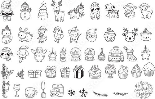 PrintCute Christmas element cartoon bundle outline,hand drawn, for Christmas ,kids,baby animal characters, card.vector illustration