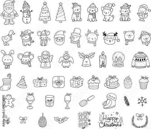 Cute Christmas element cartoon bundle outline,hand drawn, for Christmas ,kids,baby animal characters, card.vector illustration