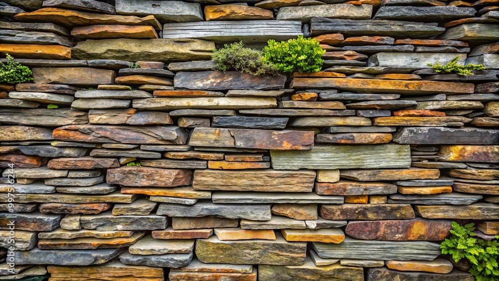 A layered stone wall with variations in color and texture, showcasing the beauty of natural materials A layered stone wall with variations in color and texture, showcasing the beauty of natural materials