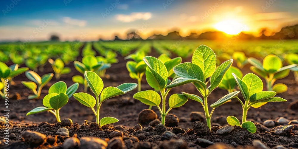 Young plants emerge from the soil, bathed in the golden light of a ...