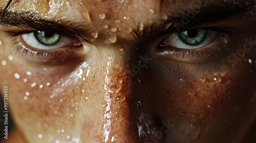 Intense close-up of a male face with sweat and focused eyes. photo