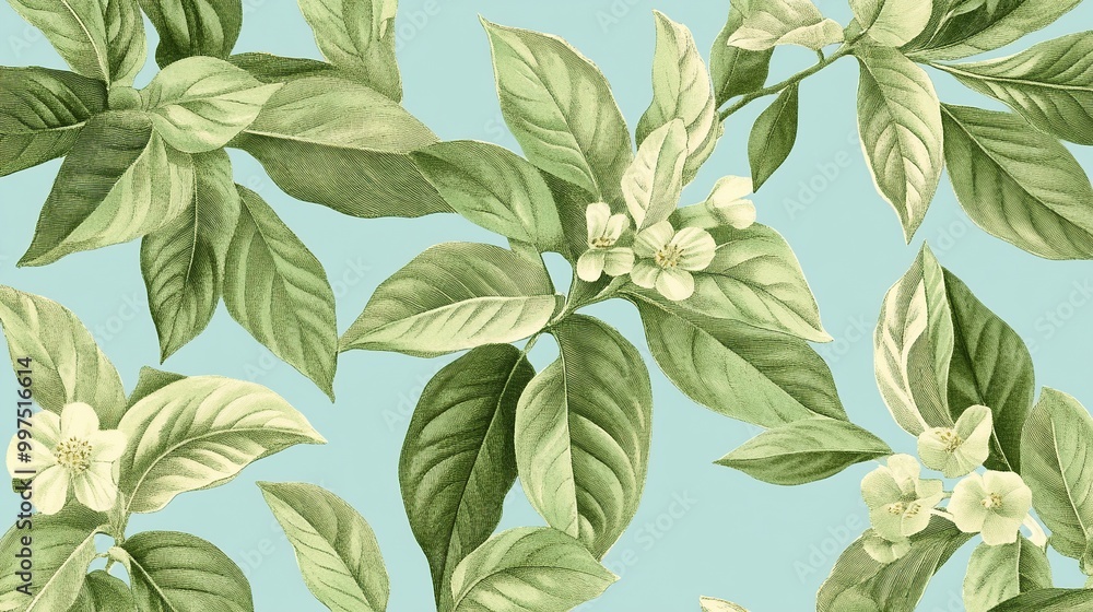 Floral pattern featuring leaves and blossoms. Floral pattern featuring leaves and blossoms.