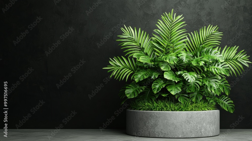 Lush greenery in a modern grey planter against a dark wall background. Lush greenery in a modern grey planter against a dark wall background.