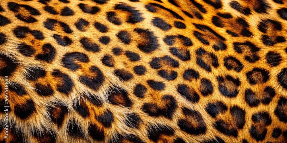 Close-up view of a leopard's fur, showcasing the intricate pattern of black spots on a golden-brown background, highlighting the texture and beauty of this wild animal's coat. Close-up view of a leopard's fur, showcasing the intricate pattern of black spots on a golden-brown background, highlighting the texture and beauty of this wild animal's coat.