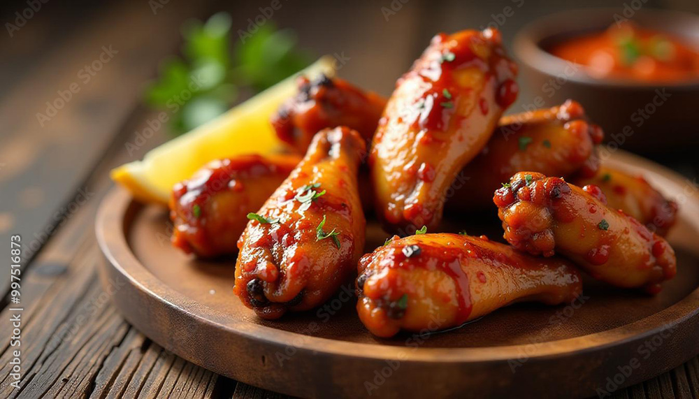 Close-up of Glazed Chicken Wings on a Wooden Plate Close-up of Glazed Chicken Wings on a Wooden Plate