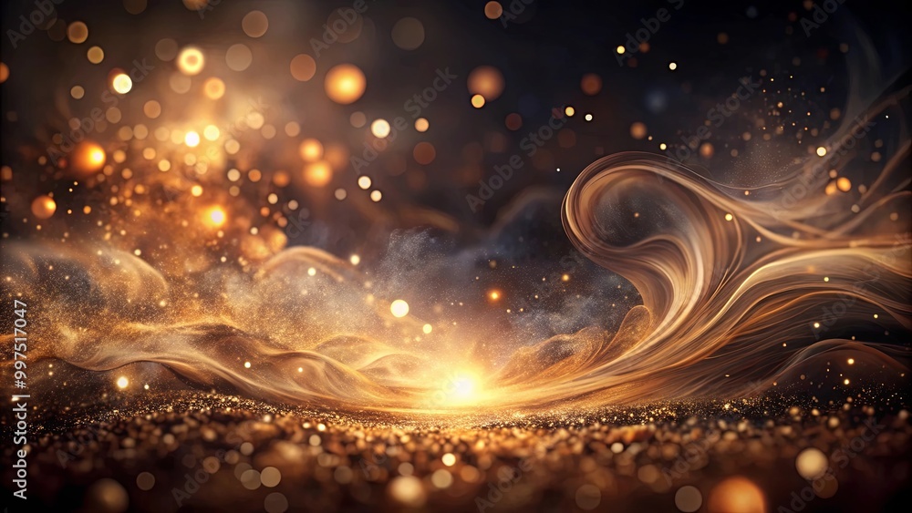A golden swirl of light and smoke amidst a dark, glittering backdrop A golden swirl of light and smoke amidst a dark, glittering backdrop