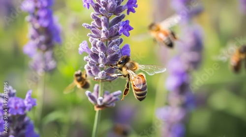 A close-up of sustainable beekeeping practices, with bees pollinating flowers in an organic farm photo