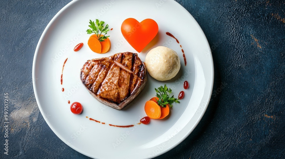 Gourmet Steak Dinner with Heart Shaped Garnish and Dumpling Gourmet Steak Dinner with Heart Shaped Garnish and Dumpling