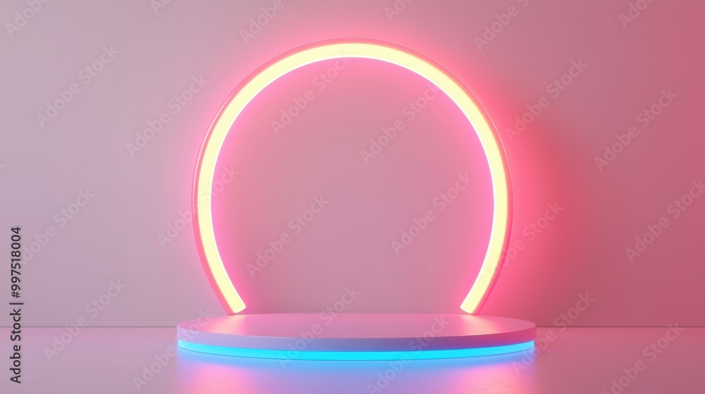 Neon light circle on a pedestal, perfect for modern design presentations. Neon light circle on a pedestal, perfect for modern design presentations.