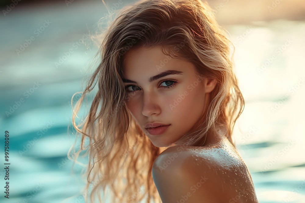 Close-up portrait of a young woman with wet hair, looking at the camera. Close-up portrait of a young woman with wet hair, looking at the camera.