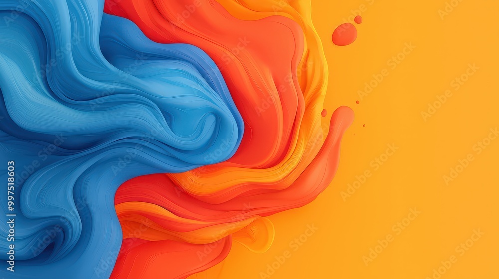 Abstract Swirling Blue Orange and Yellow Paint on Yellow Background Abstract Swirling Blue Orange and Yellow Paint on Yellow Background