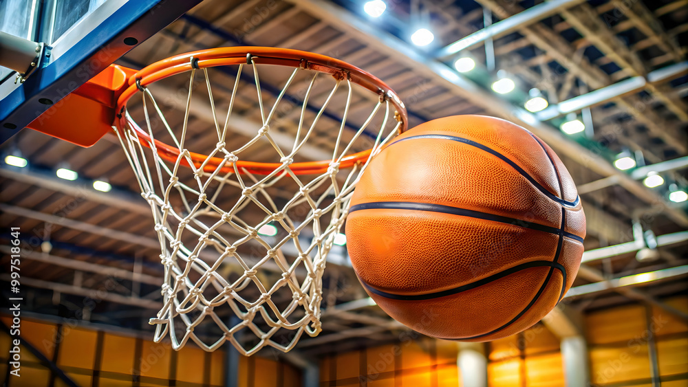 Close-up of a basketball scoring two points during an intense game. thrill of victory captured as a basketball successfully passes through the hoop.” Close-up of a basketball scoring two points during an intense game. thrill of victory captured as a basketball successfully passes through the hoop.”