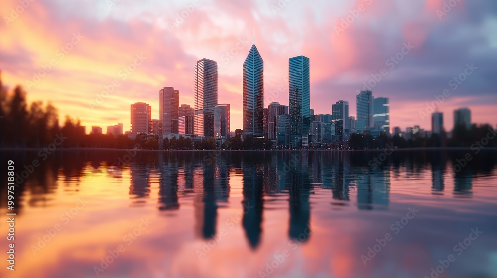 Cityscape Reflection at Sunset with Vibrant Colors and Calm Water Cityscape Reflection at Sunset with Vibrant Colors and Calm Water