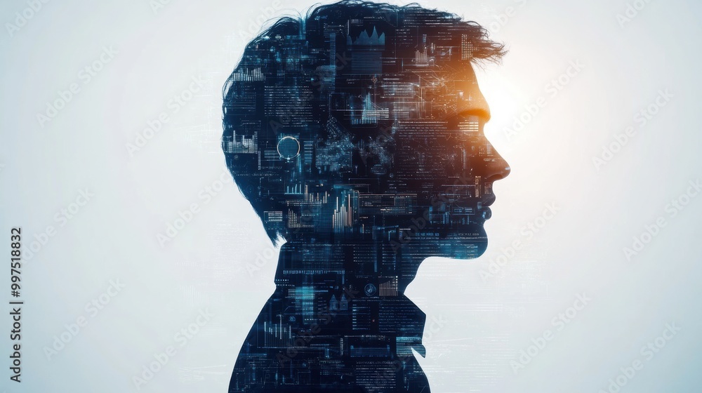 Profile silhouette of a man with a digital cityscape overlay, white isolate background. Profile silhouette of a man with a digital cityscape overlay, white isolate background.