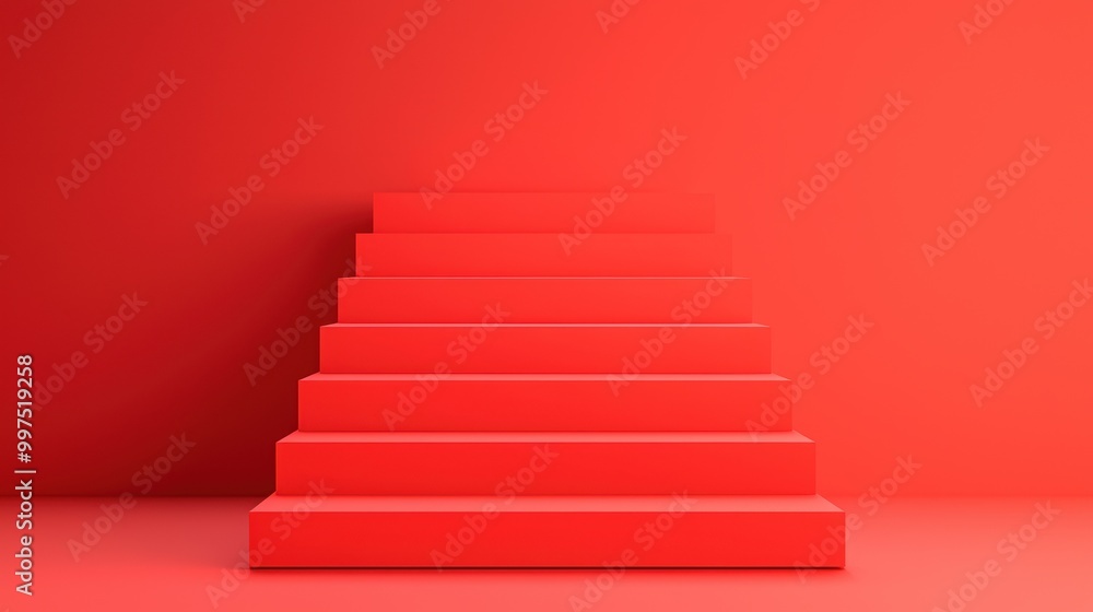 Red staircase leading up against a vibrant red wall, minimalistic design. Red staircase leading up against a vibrant red wall, minimalistic design.