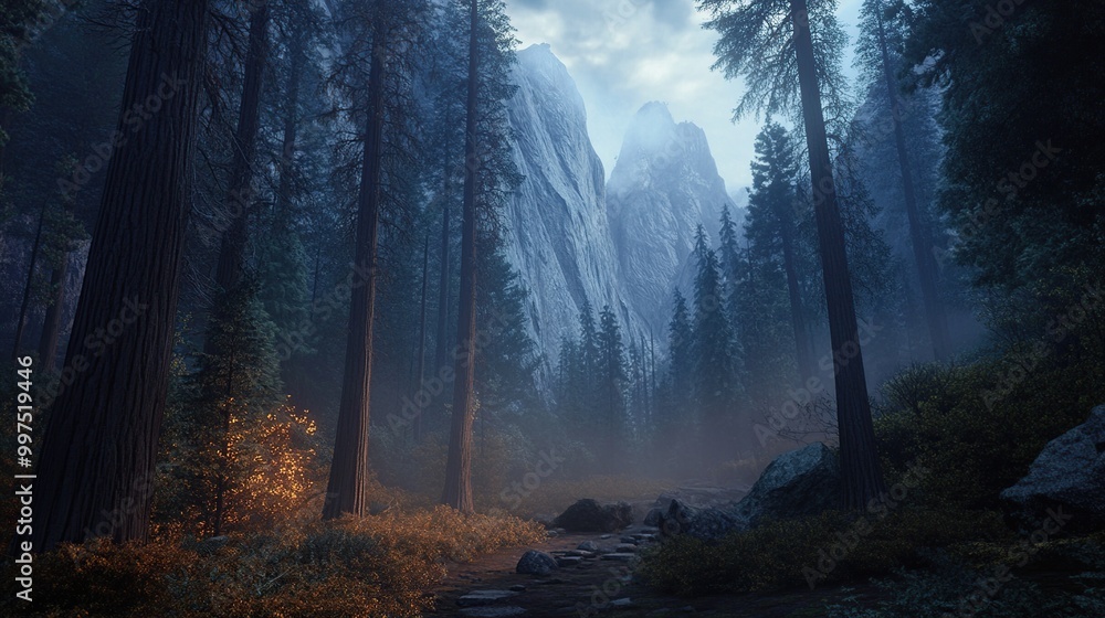 Fototapeta premium Misty forest landscape with towering mountains.