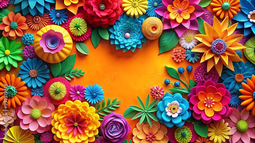 Vibrant Paper Flowers Arranged in a Circular Frame on a Warm Orange Background Vibrant Paper Flowers Arranged in a Circular Frame on a Warm Orange Background
