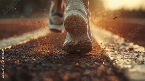 Runner in motion, sunset background on a track, dust rising from running shoes. photo