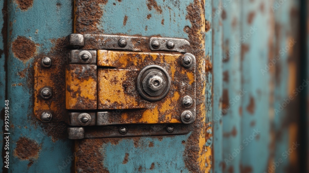 Rusty padlock on a teal door, weathered and vintage detail, close-up view. Rusty padlock on a teal door, weathered and vintage detail, close-up view.