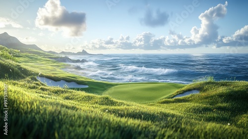 Scenic coastal golf course with lush greenery and ocean view under blue sky. photo