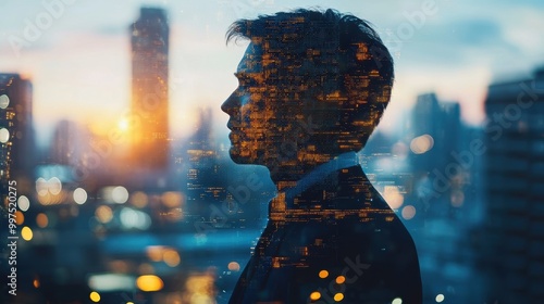 Silhouette of a man against a city skyline at sunset with a bokeh effect.