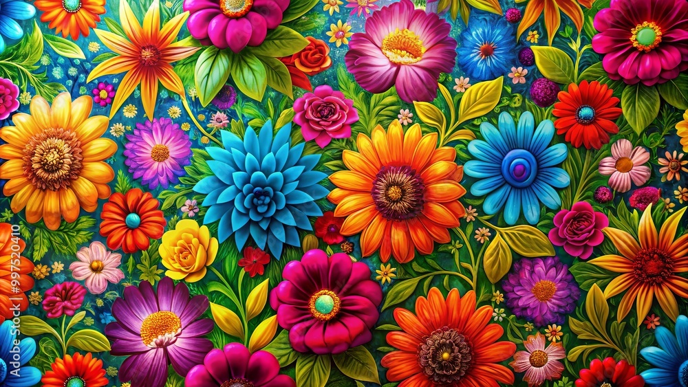 A Vibrant Tapestry of Colorful Flowers, Delicate Petals, and Lush Green Foliage, Creating a Whimsical Garden of Blooms A Vibrant Tapestry of Colorful Flowers, Delicate Petals, and Lush Green Foliage, Creating a Whimsical Garden of Blooms