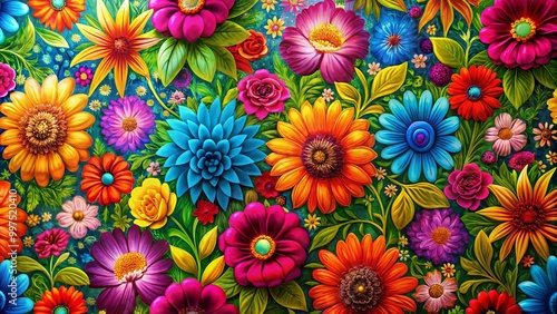 A Vibrant Tapestry of Colorful Flowers, Delicate Petals, and Lush Green Foliage, Creating a Whimsical Garden of Blooms