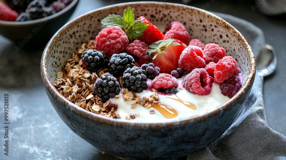 A colorful breakfast bowl with yogurt, granola, fresh berries, and a drizzle of honey, served in a rustic ceramic bowl A colorful breakfast bowl with yogurt, granola, fresh berries, and a drizzle of honey, served in a rustic ceramic bowl