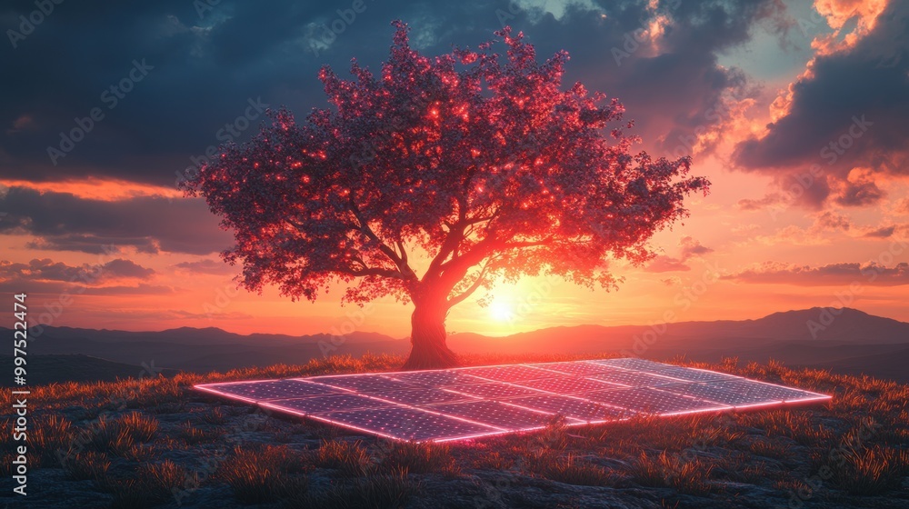 Tree with colorful sunset and solar panel on ground, vibrant landscape. Tree with colorful sunset and solar panel on ground, vibrant landscape.