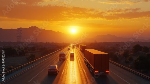 Trucks and cars driving on a highway during a vibrant sunset.