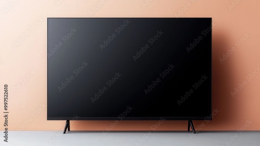 Modern Black TV Screen with Stand on a Beige Wall Modern Black TV Screen with Stand on a Beige Wall