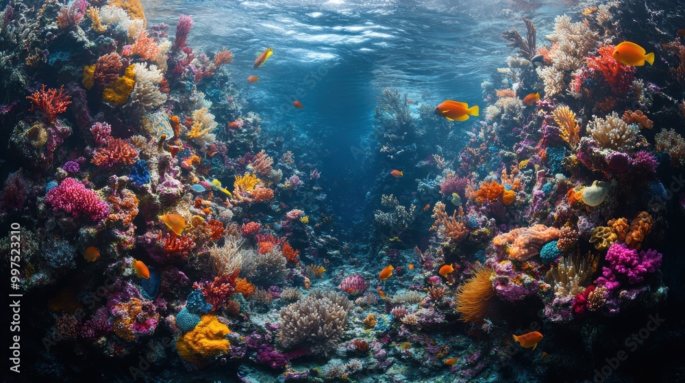 Obraz premium Vibrant underwater coral reef teeming with colorful fish and marine life.