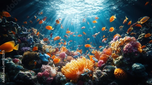 Vibrant underwater scene with colorful fish and coral formations. photo