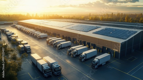 Warehouse with trucks and solar panels at sunrise, creating a sustainable logistics hub.