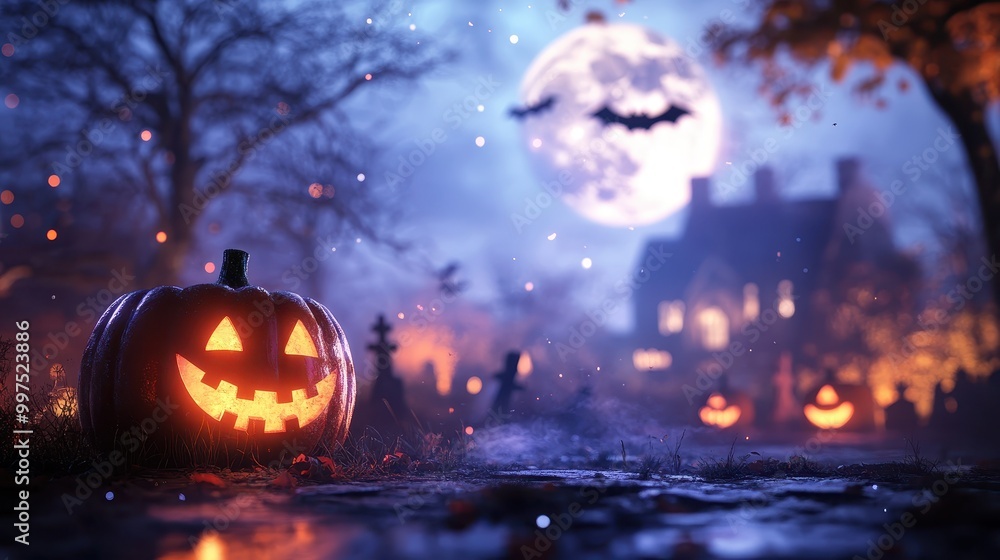A Glowing Jack-O'-Lantern in a Spooky Halloween Setting A Glowing Jack-O'-Lantern in a Spooky Halloween Setting
