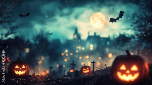 Jack-o'-lantern in a Graveyard with a Full Moon and Bats