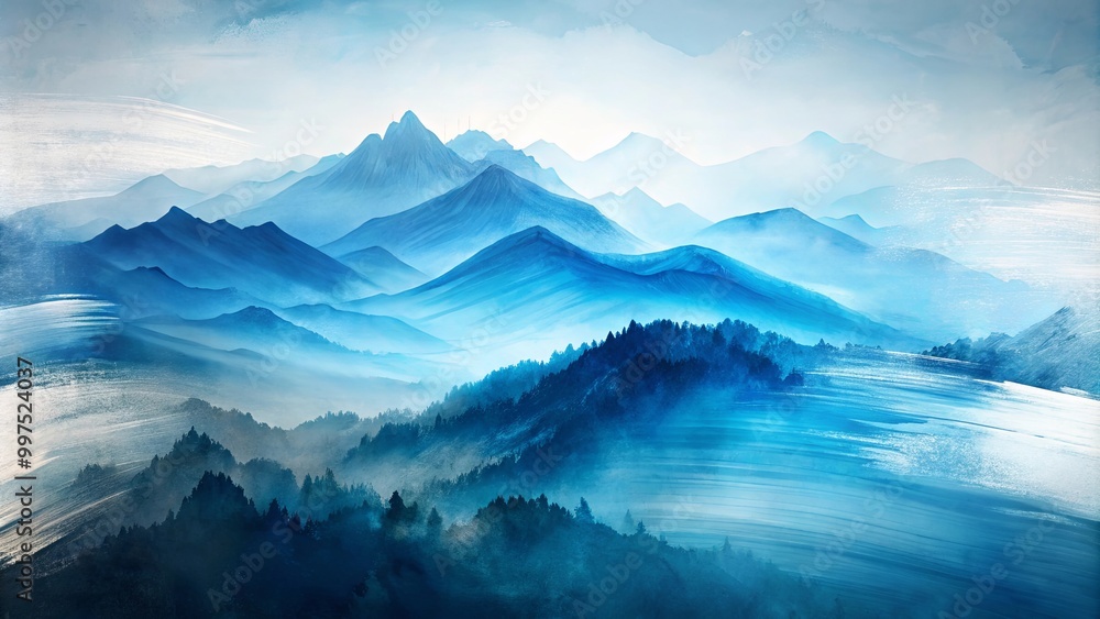 Fototapeta premium Misty Mountain Range with Brushstrokes of White, Blue and Gray Tones