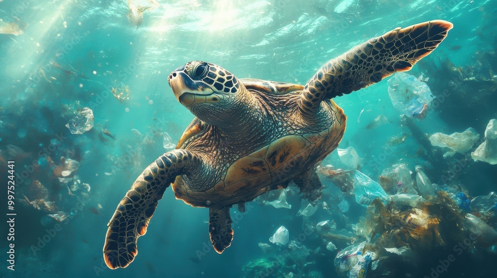 Obraz premium A sea turtle swimming gracefully through polluted waters filled with debris.